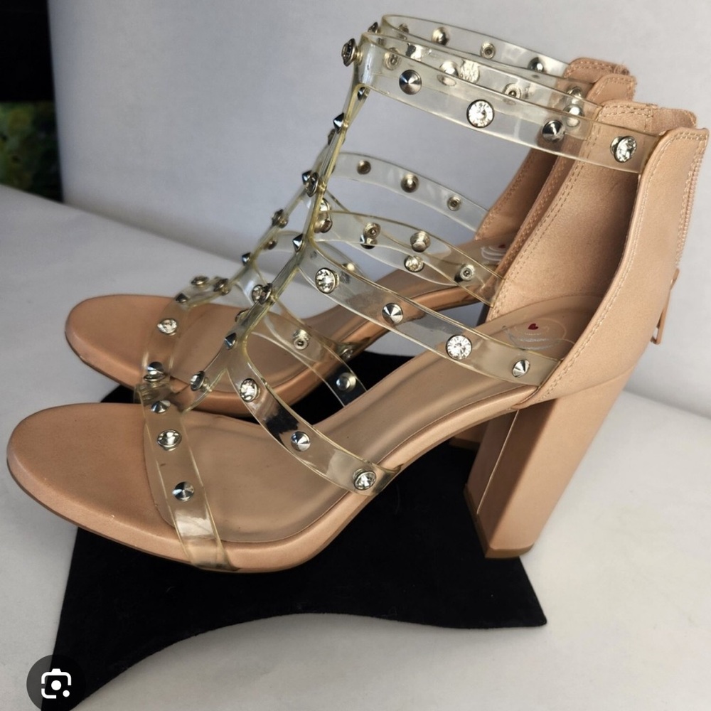 Tan and Cream Block Heel Sandals with Rhinestone Straps